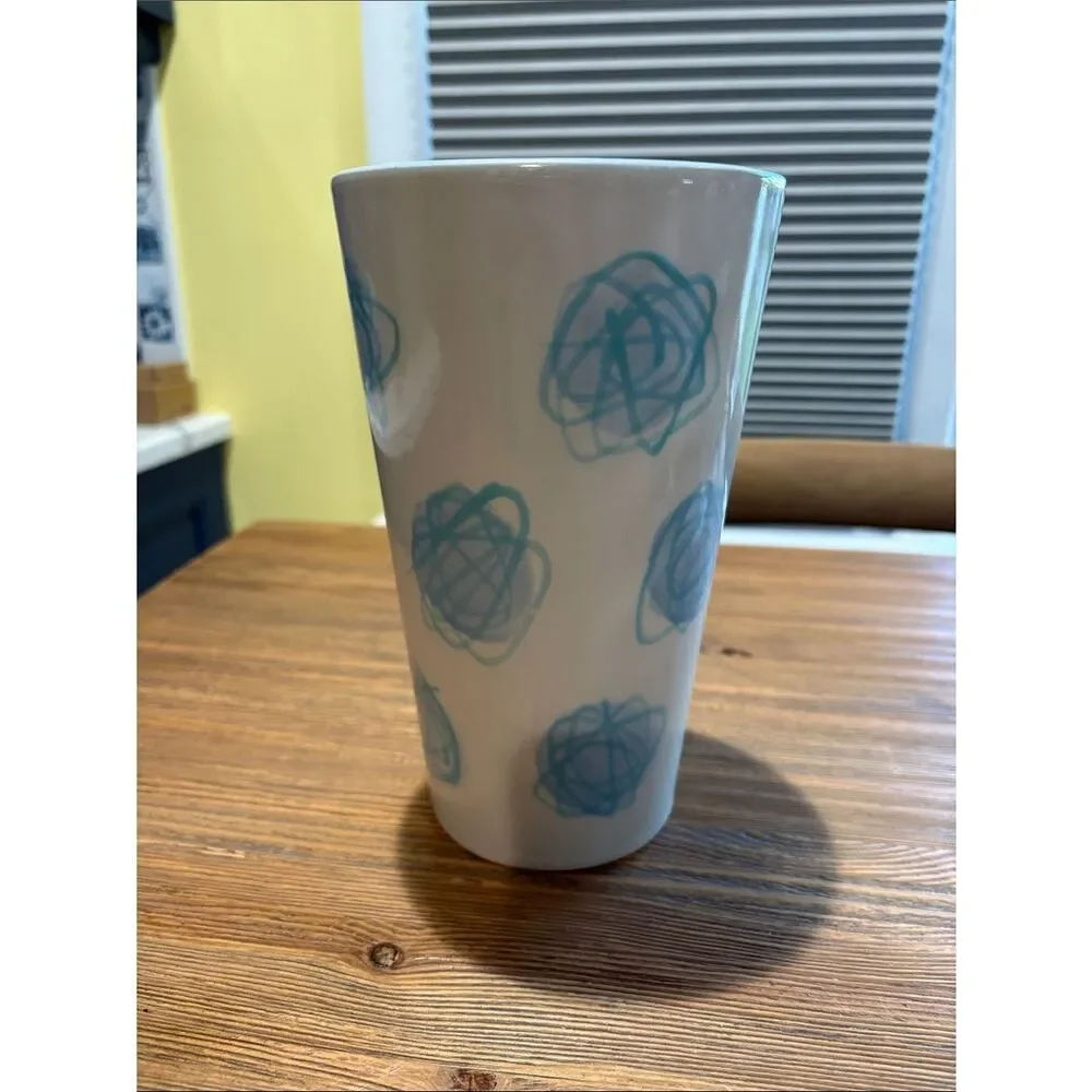 Rare Atomic Swirl Cream Ceramic Vase with Light Blue Scribble Pattern